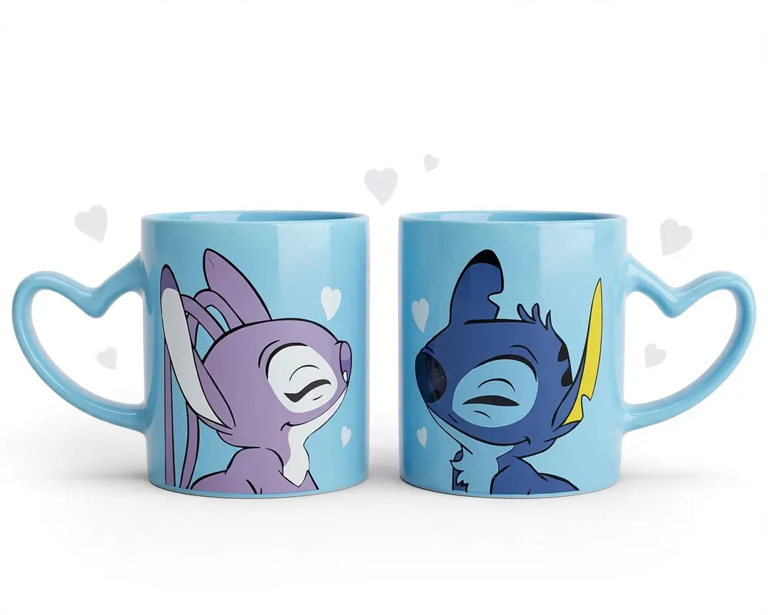 Stitch & Angel Couple Mugs with Heart Handle